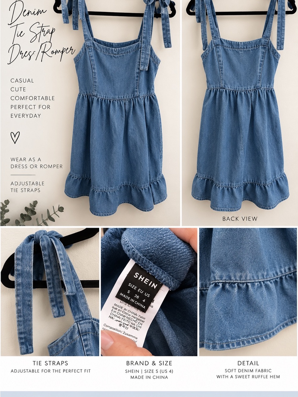 SHEIN Blue Denim Tie-Strap Mini Dress with Ruffle Hem and zip back